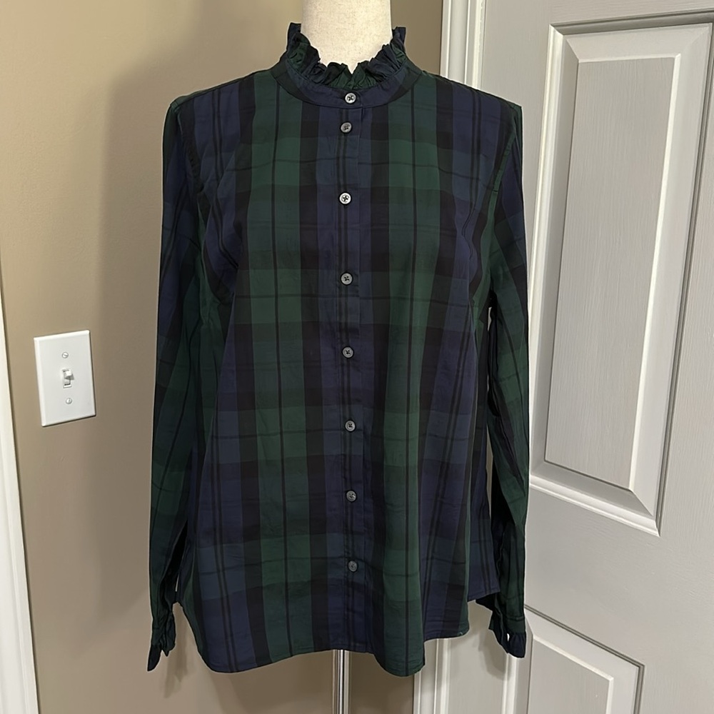 J.Crew Factory Black Watch Ruffleneck Green and Blue Plaid Button Up Shirt - Picture 2 of 6